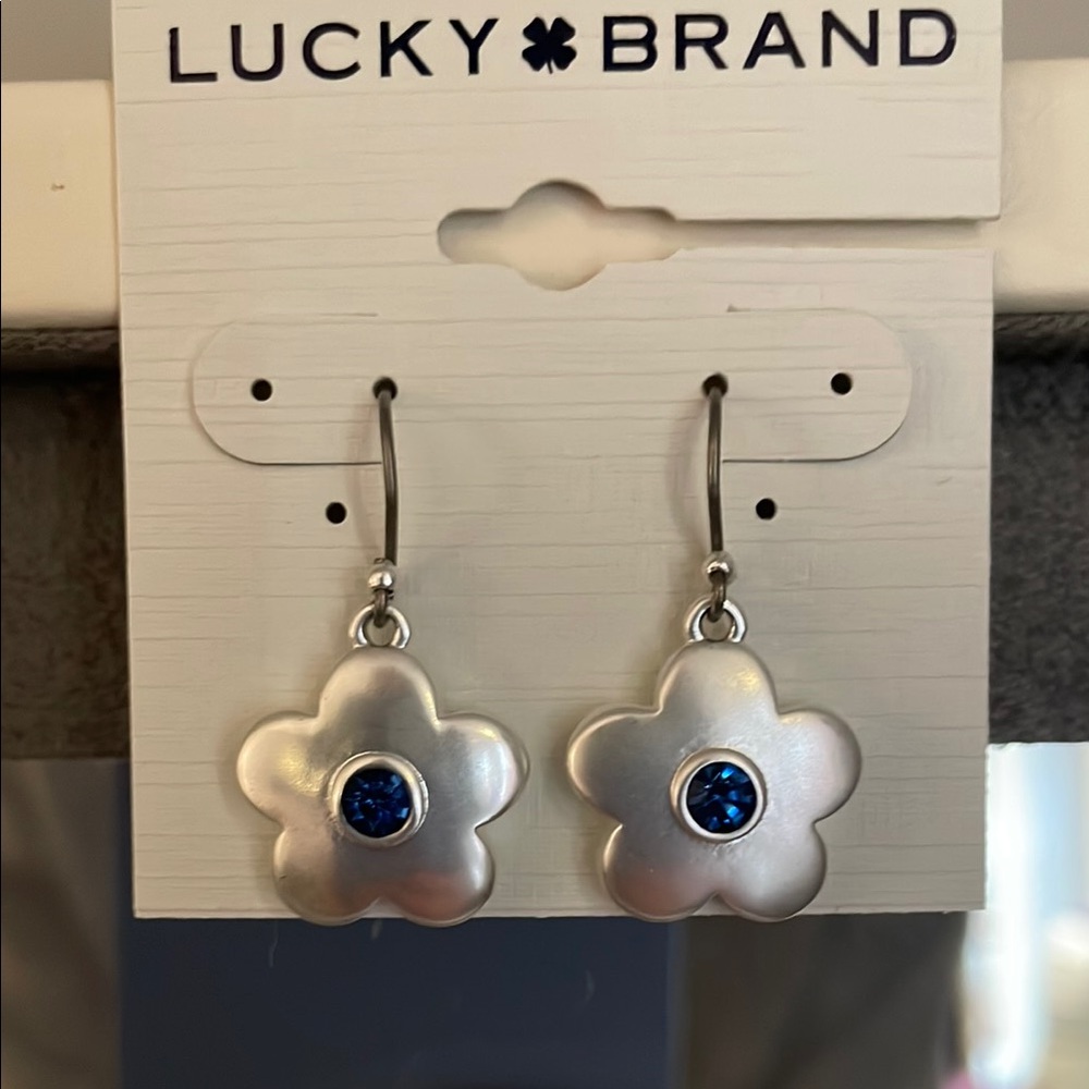 Lucky Brand Silver Flower Earrings with Blue Gem